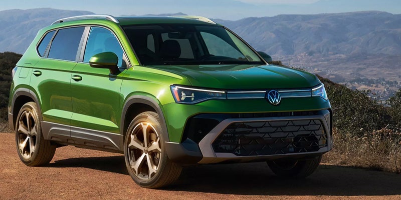 Front view of green Volkswagen SUV parked outdoors