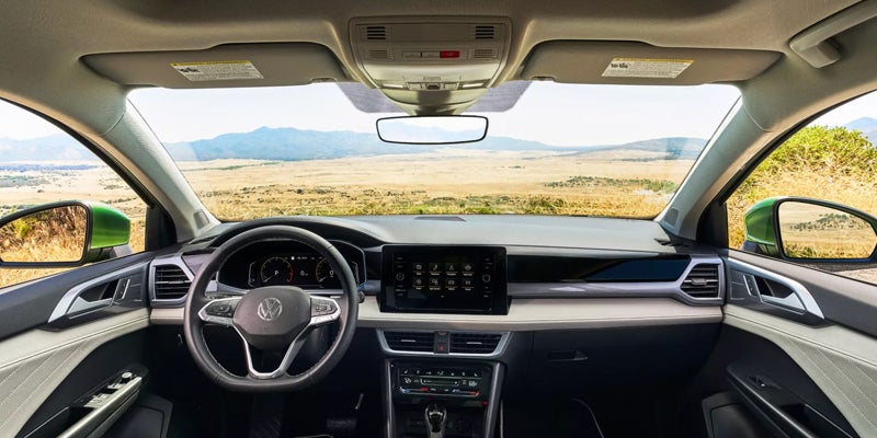 Interior front cabin view with panoramic windshield