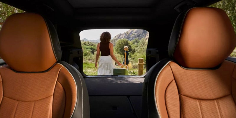View from car interior toward open door and scenery